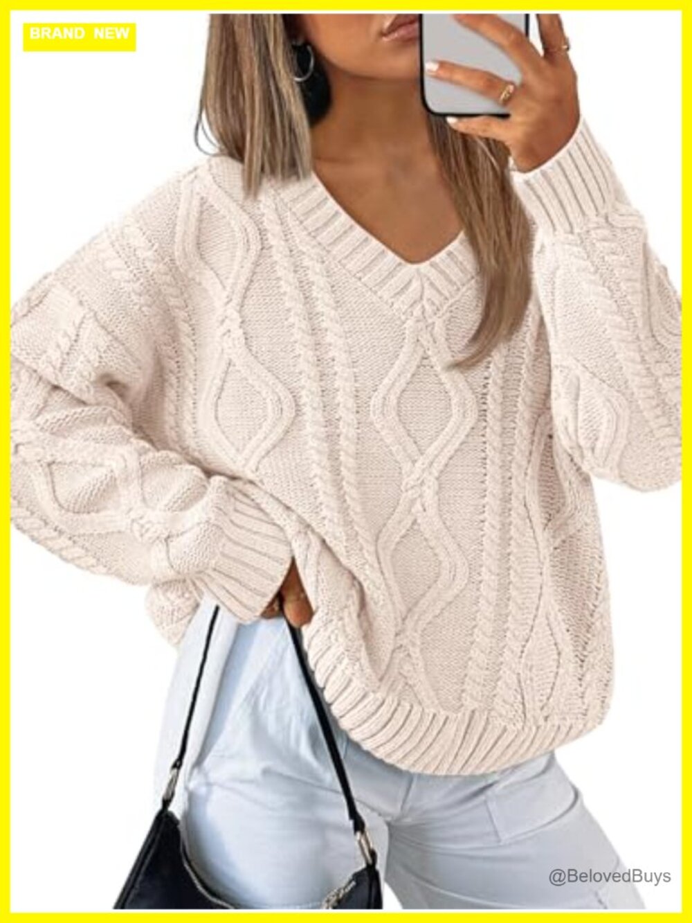Womens Cable Knit V Neck Oversized Pullover Sweater Cotton Acrylic
